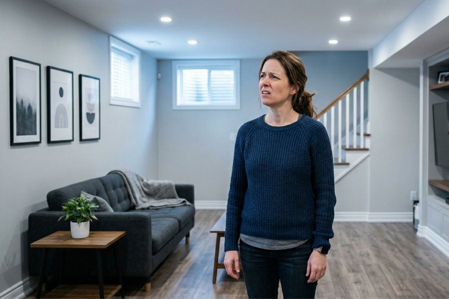 basement smells musty but looks dry