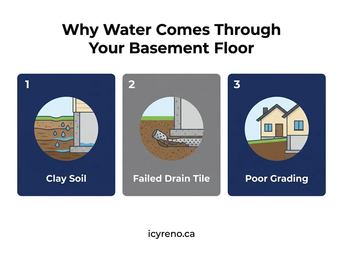 Three main causes of water seeping through Toronto basement floor - infographic