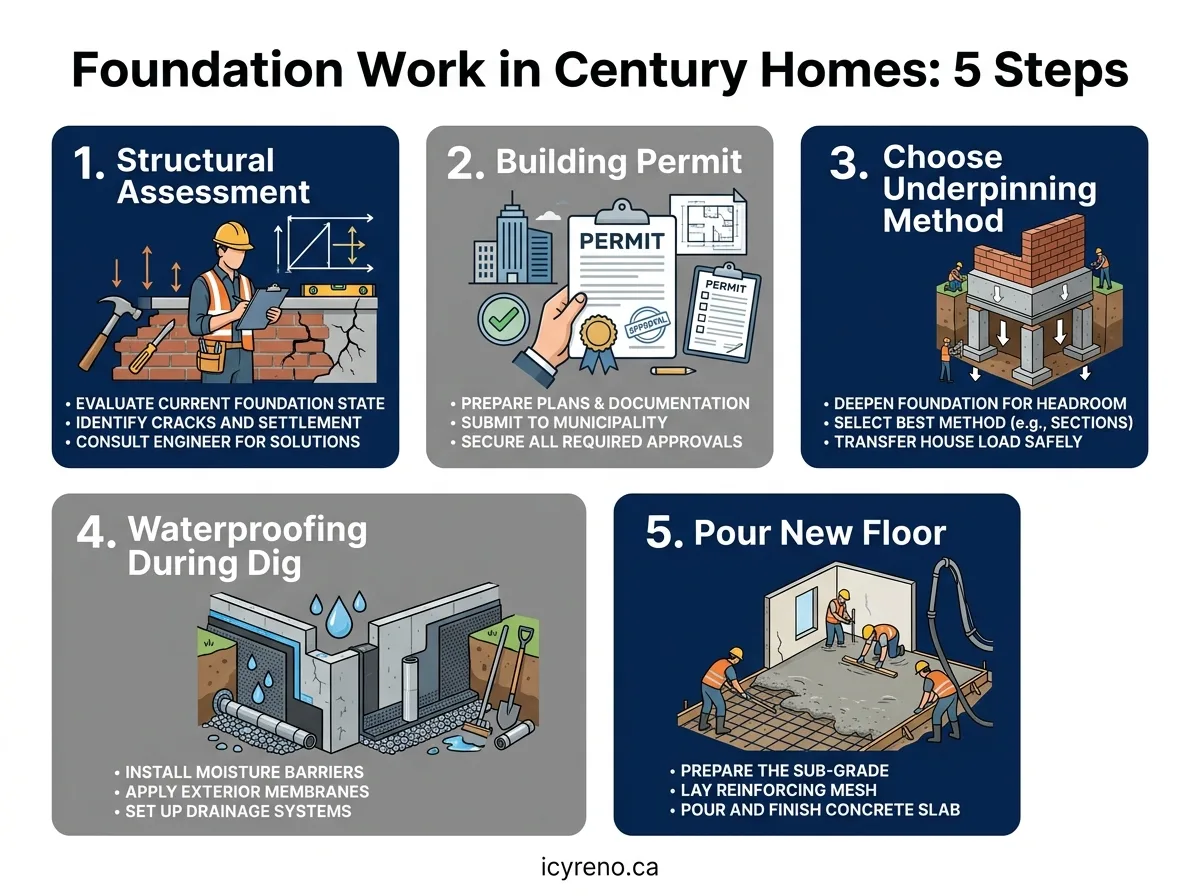 5 steps for foundation work in Toronto century homes - Icy Reno infographic