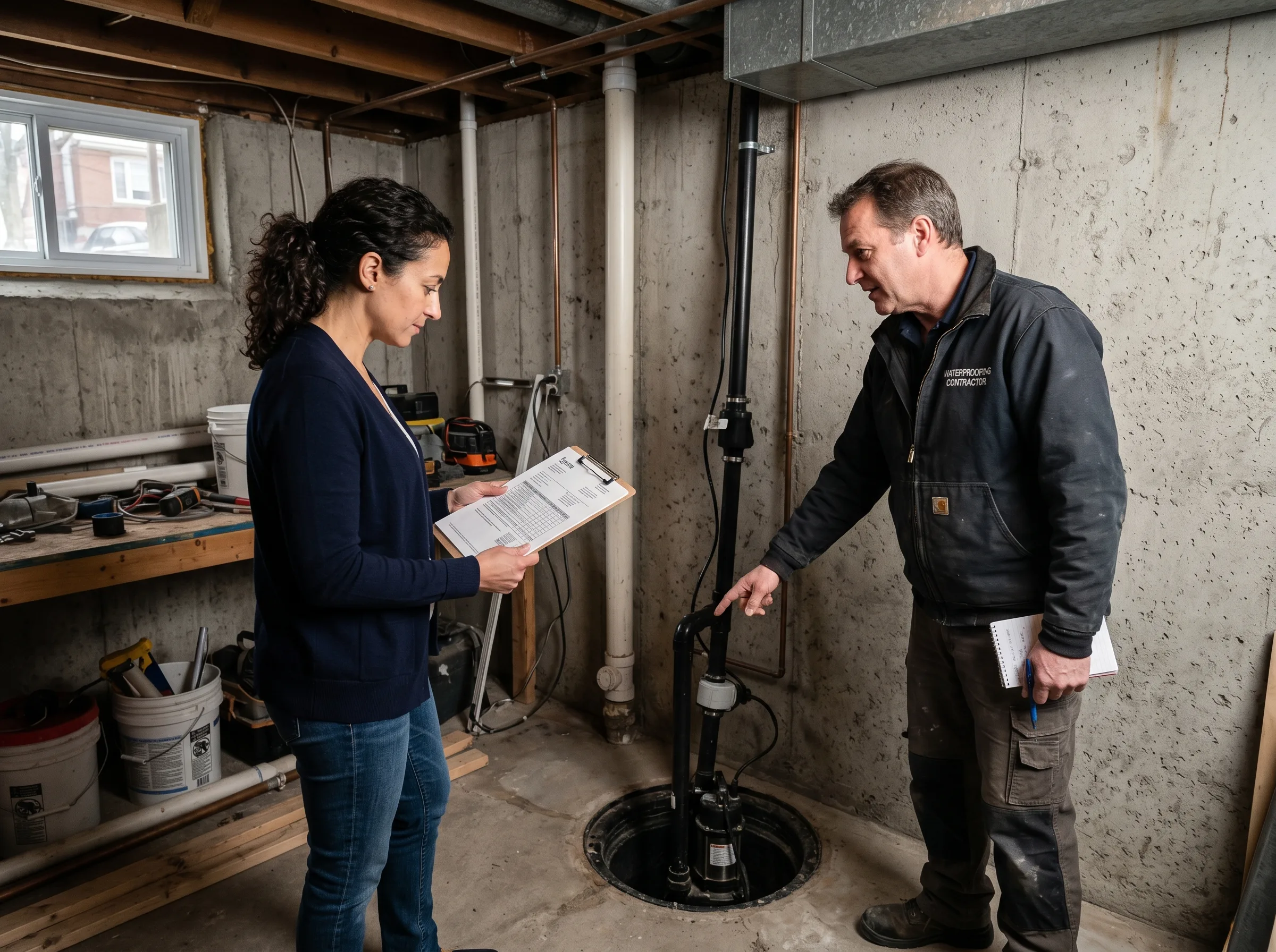 Homeowner reviewing sump pump installation quote with contractor in Toronto