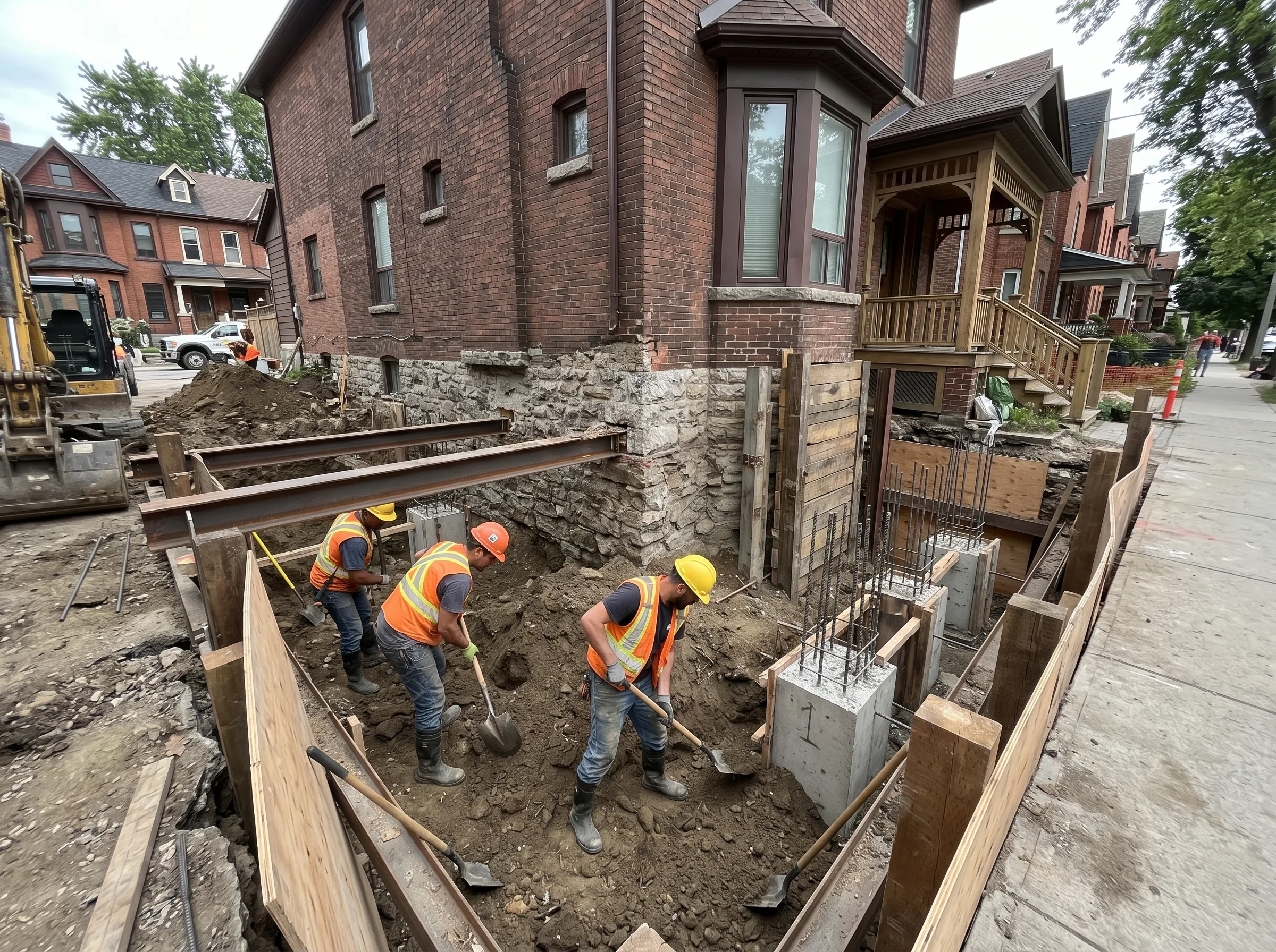 Foundation underpinning excavation at Toronto century home - alternating pin method