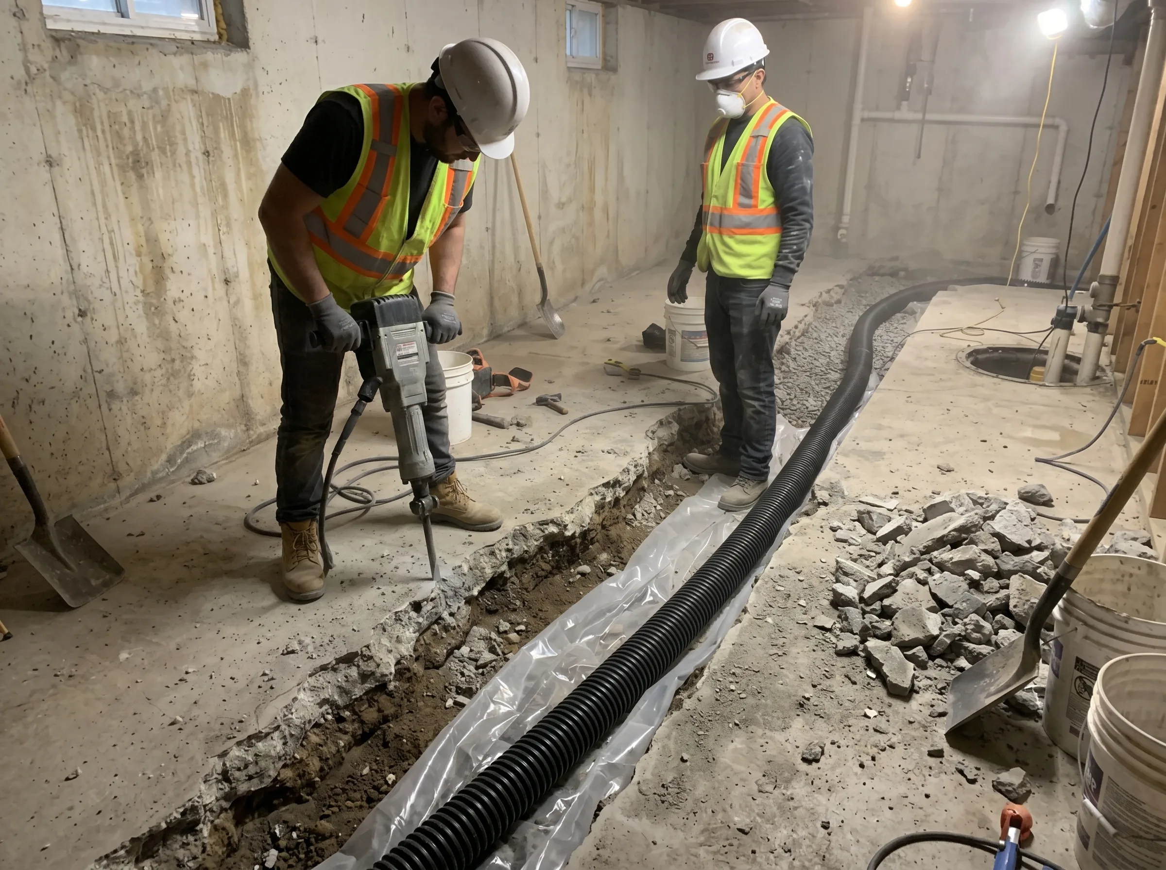Interior French drain installation to stop basement floor water in Toronto