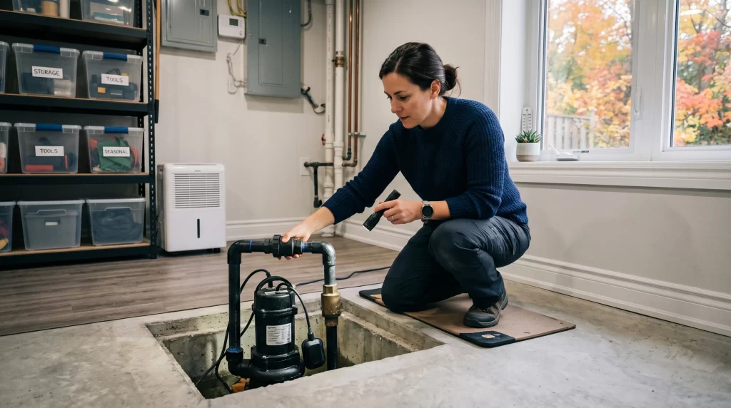 Toronto homeowner inspecting sump pump before winter