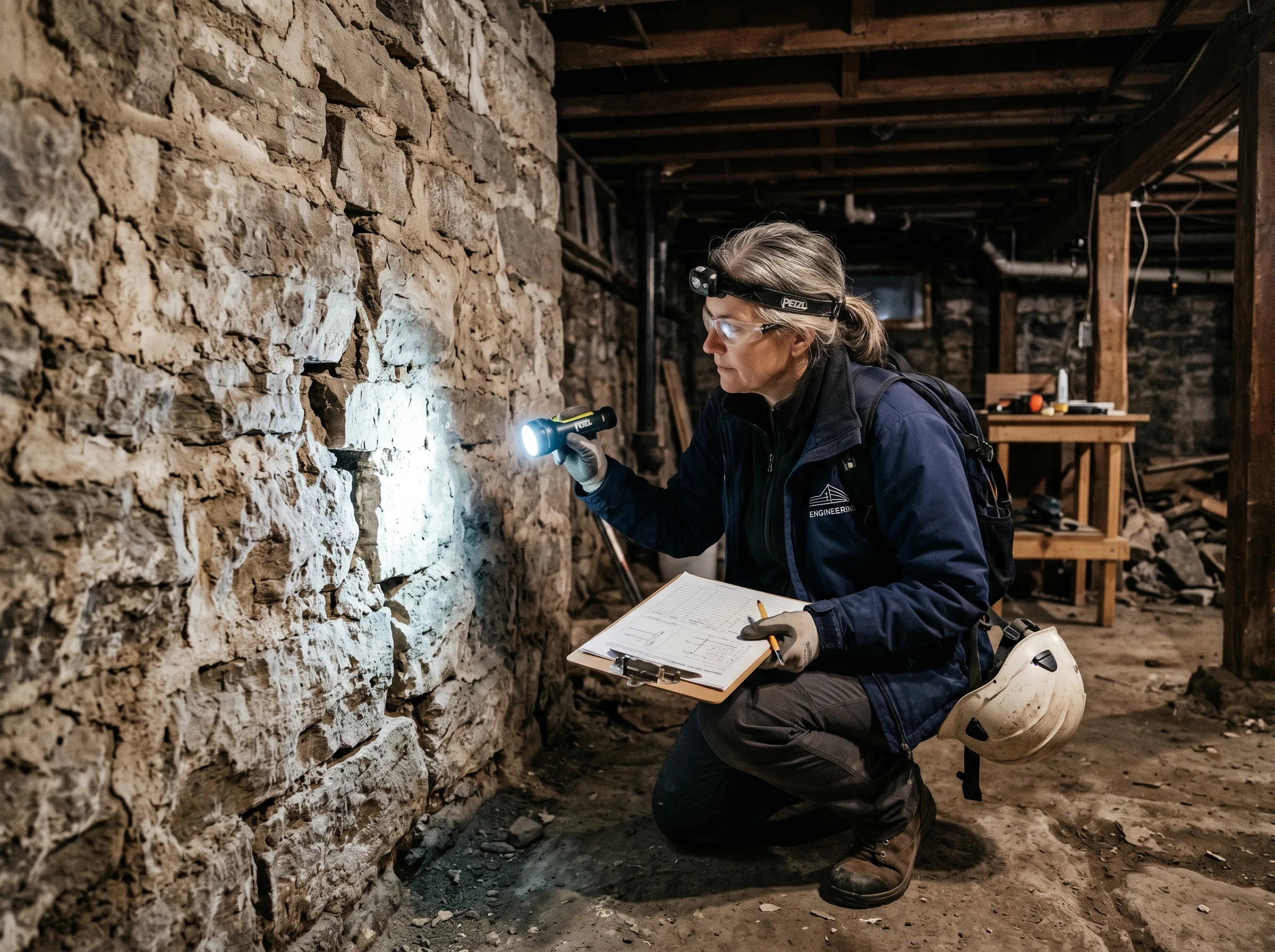 Structural engineer examining rubble stone foundation of Toronto century home