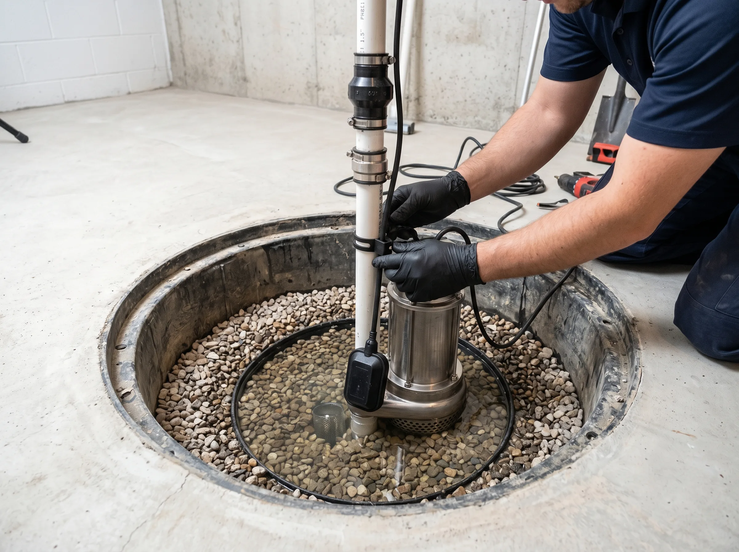 Waterproofing technician installing submersible sump pump in Toronto basement