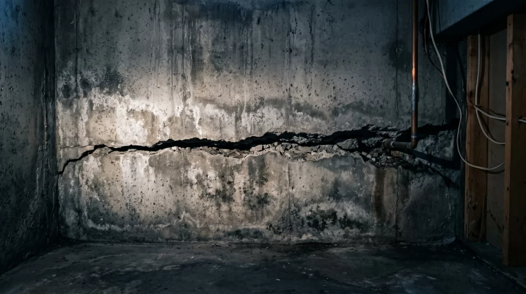 Horizontal foundation crack in a Toronto residential basement wall requiring professional assessment