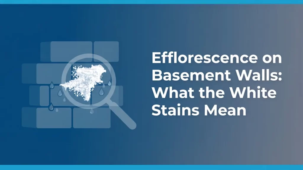 Illustration of a basement foundation wall with white efflorescence deposits under the headline Efflorescence on Basement Walls What the White Stains Mean