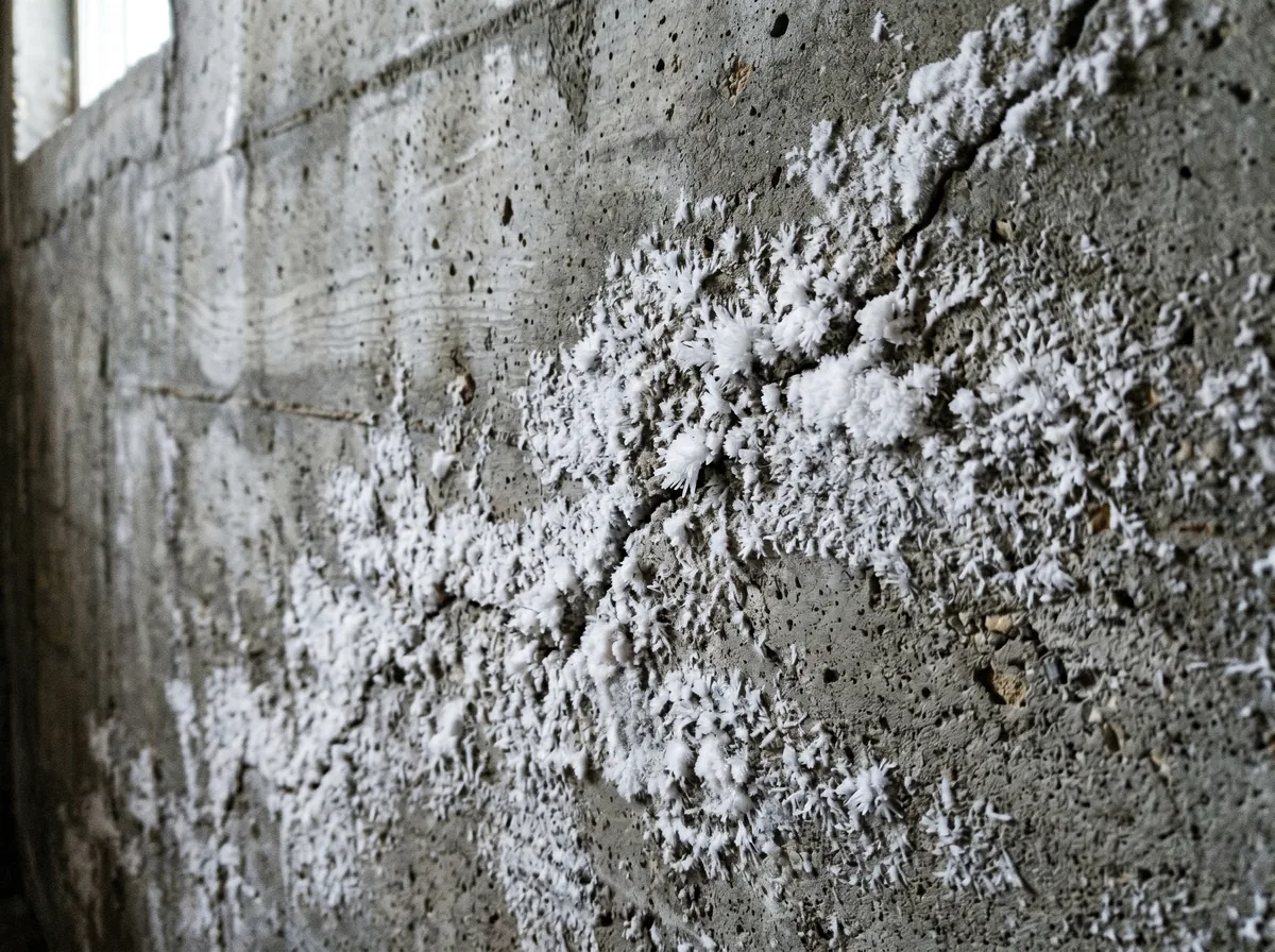 Close-up of white crystalline efflorescence deposits on a poured concrete basement foundation wall