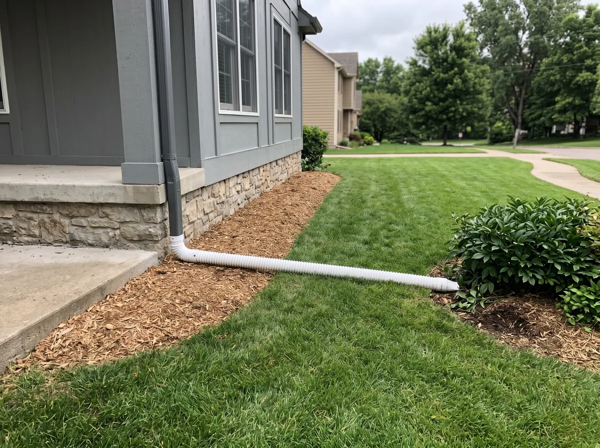 Proper exterior grading and an extended downspout directing water away from a home's foundation
