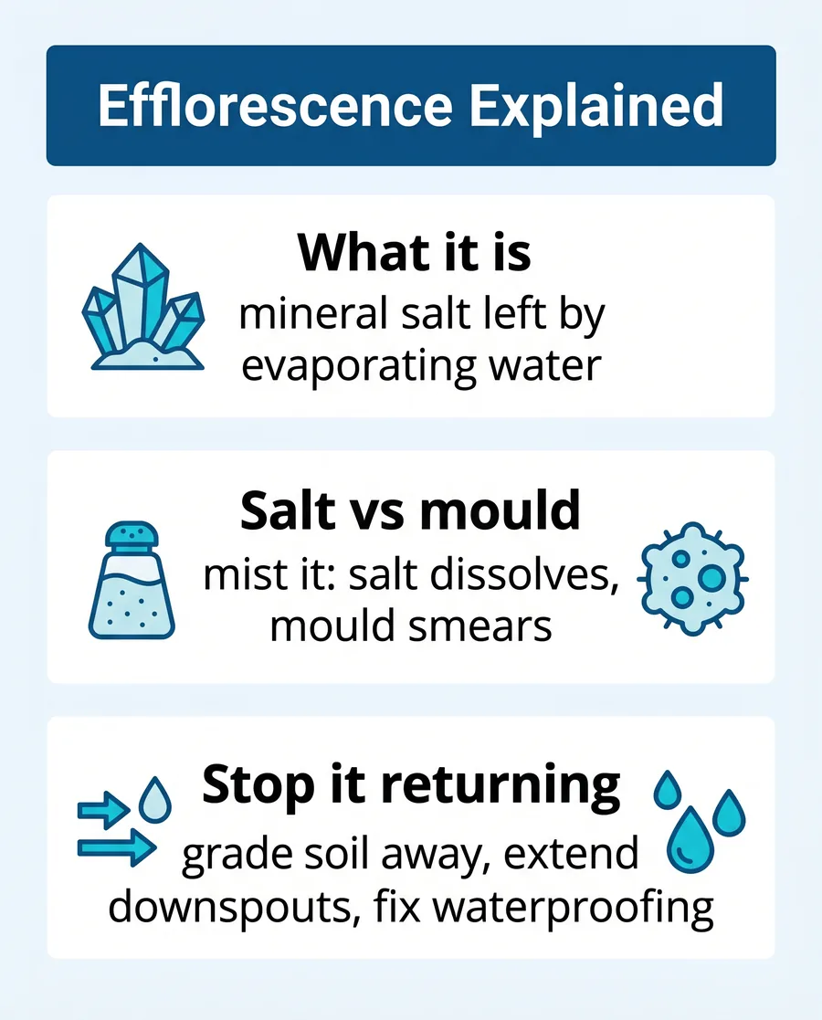 Infographic explaining what efflorescence is, the difference from mould, and the steps to stop white stains returning on basement walls