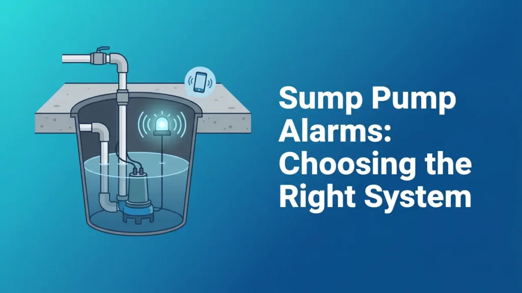 Illustration of a sump pit with a sump pump and an alarm sensor sending a phone notification under the headline Sump Pump Alarms Choosing the Right System