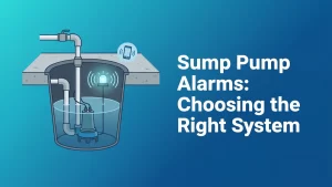 Illustration of a sump pit with a sump pump and an alarm sensor sending a phone notification under the headline Sump Pump Alarms Choosing the Right System