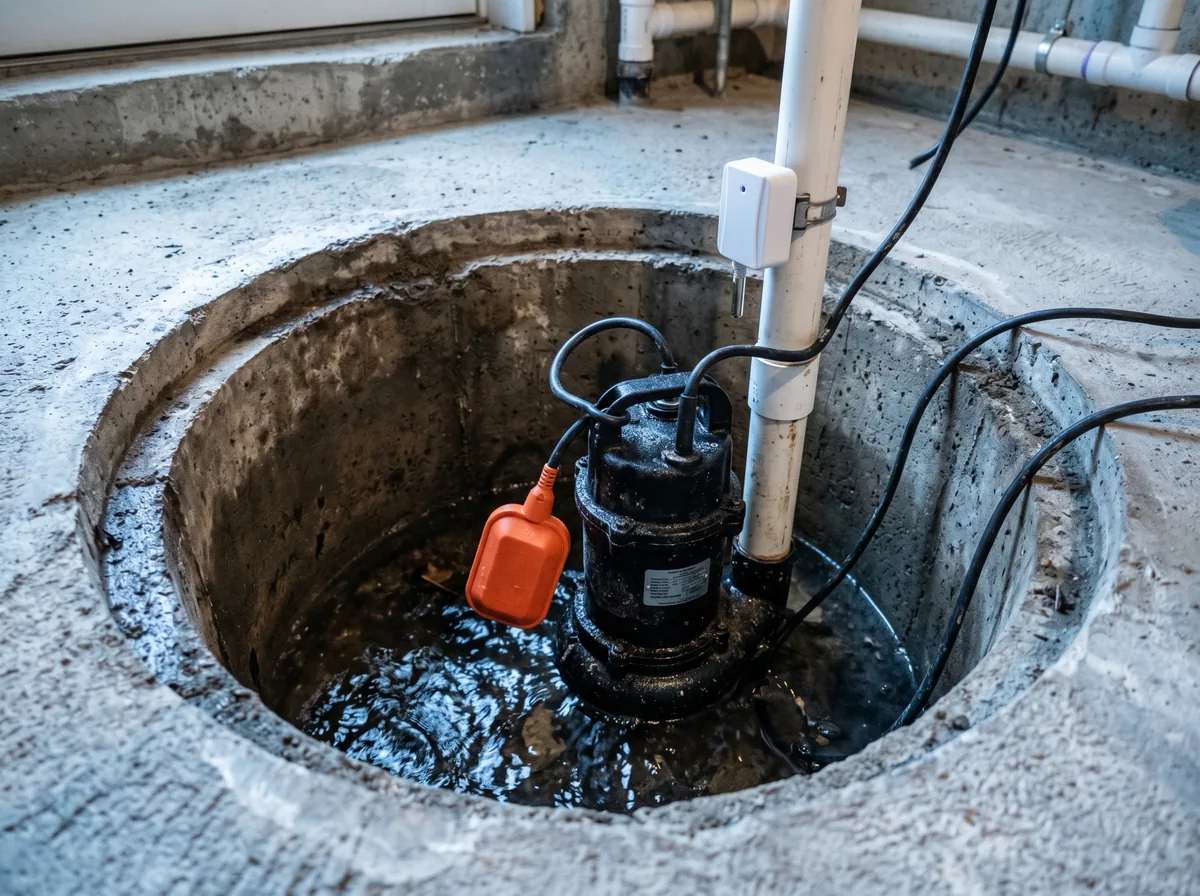 Sump pump float switch and high-water alarm sensor inside a basement sump pit