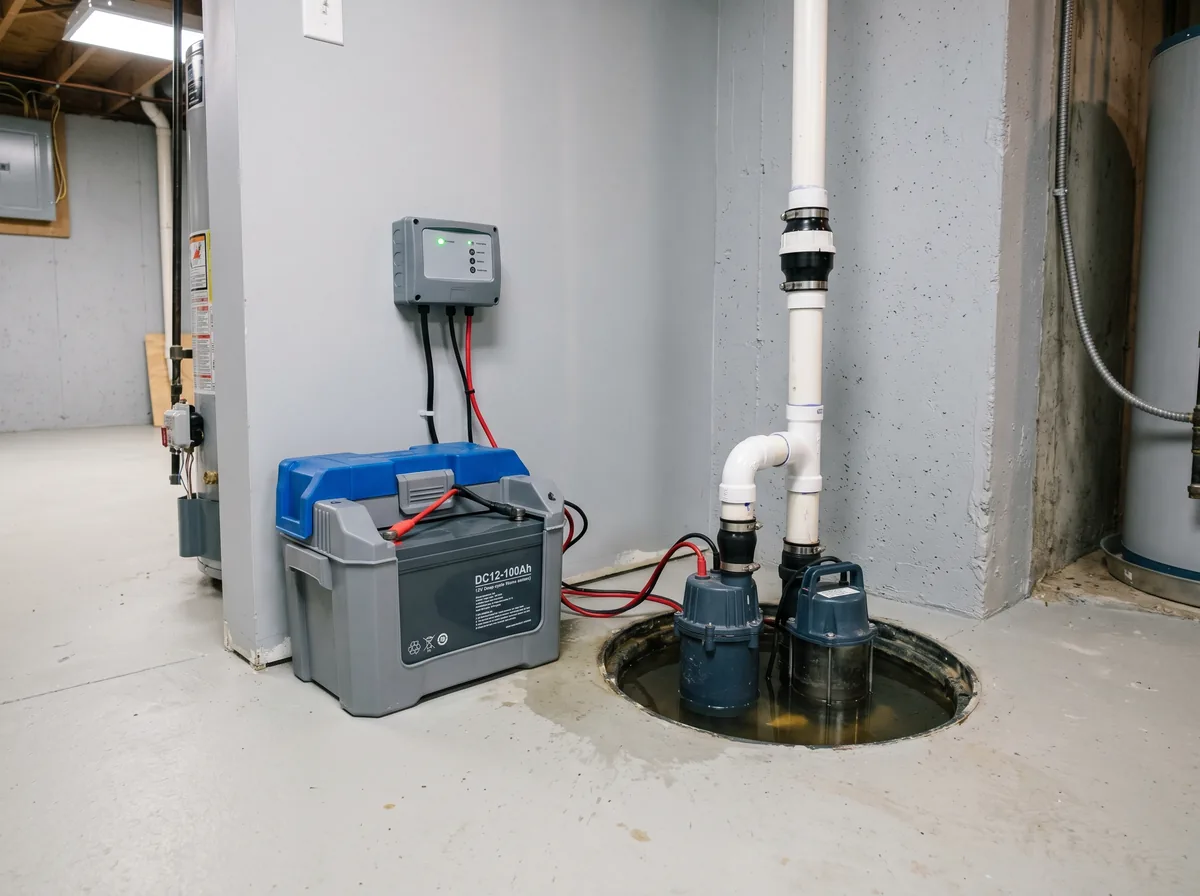 Battery backup sump pump unit with control panel mounted beside a primary sump pump in a basement