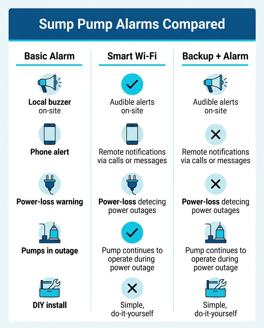 Infographic comparing basic, smart Wi-Fi, and integrated backup sump pump alarm systems on alerts, power protection, and best use