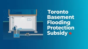 Illustration of a protected Toronto basement with sump pump and backwater valve under the headline Toronto Basement Flooding Protection Subsidy