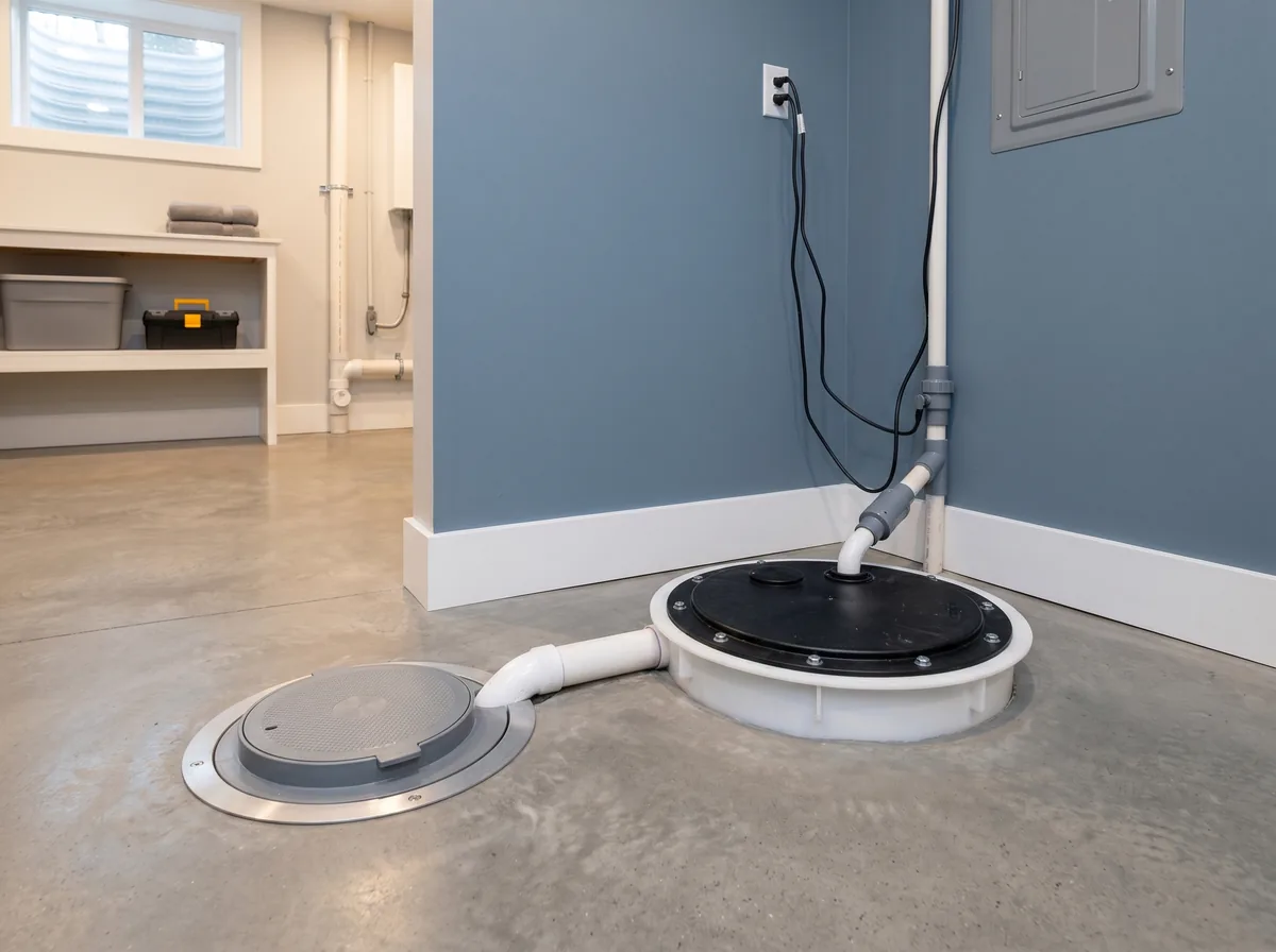 Sump pump and backwater valve installed in a clean Toronto basement as part of a flood protection upgrade