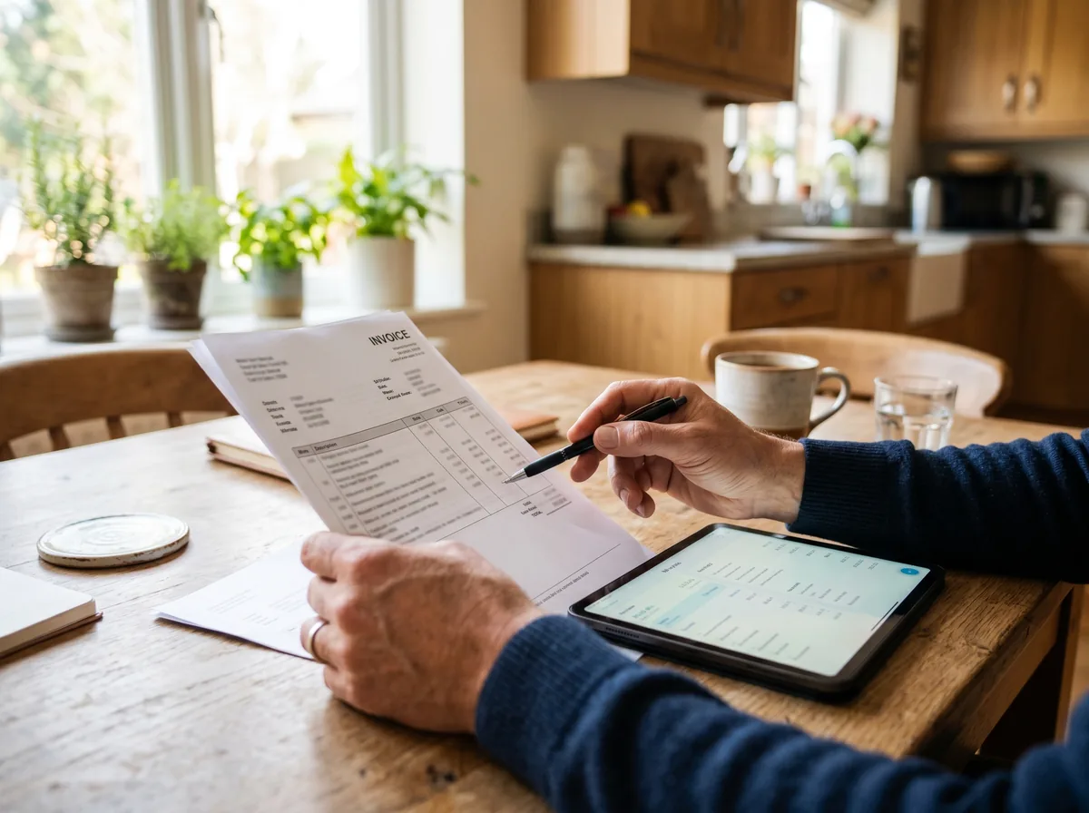 Homeowner reviewing flood protection paperwork and an itemized invoice at a kitchen table