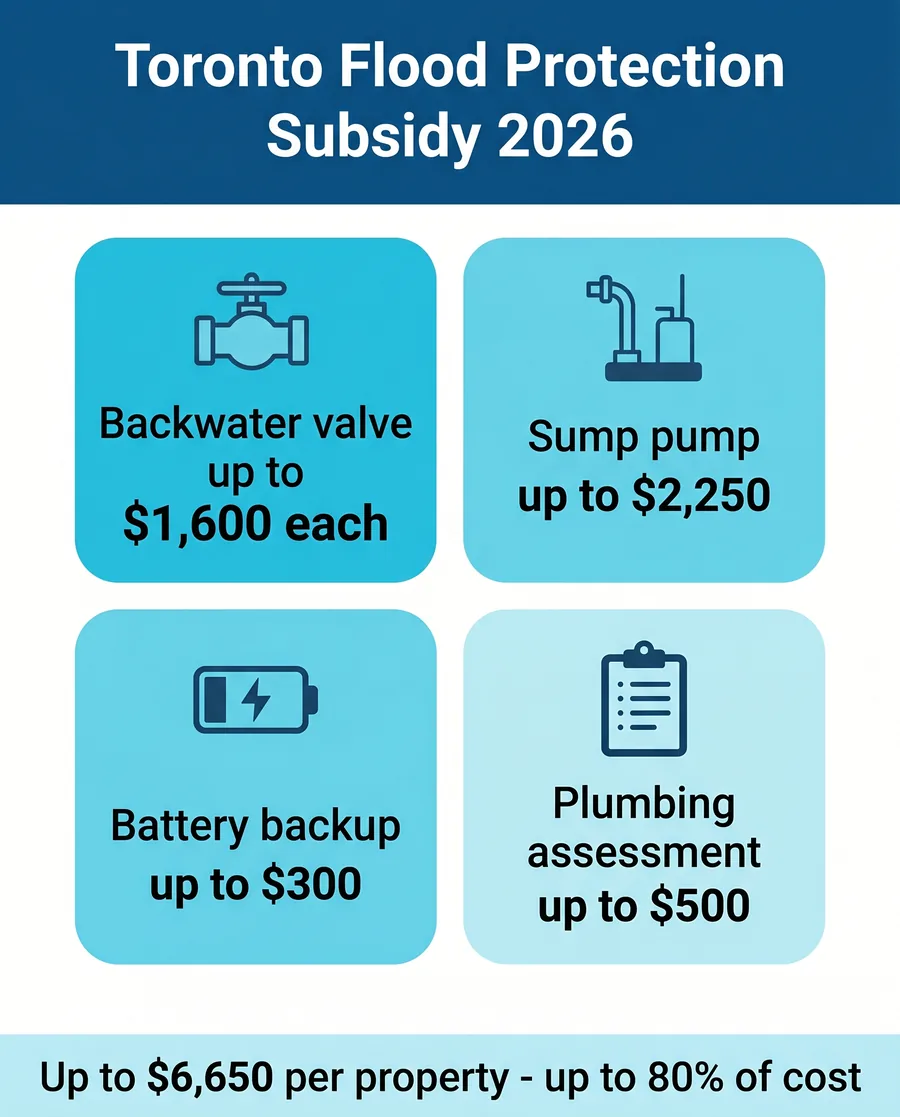 Infographic summarizing Toronto Basement Flooding Protection Subsidy amounts for backwater valves, sump pumps, and assessments in 2026