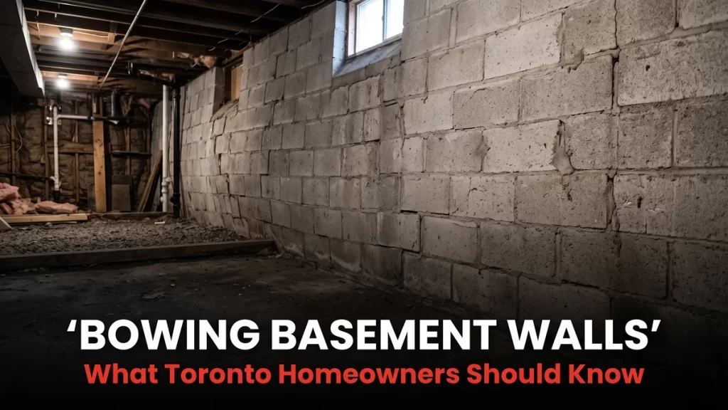 Bowing basement foundation wall leaning inward in a Toronto home