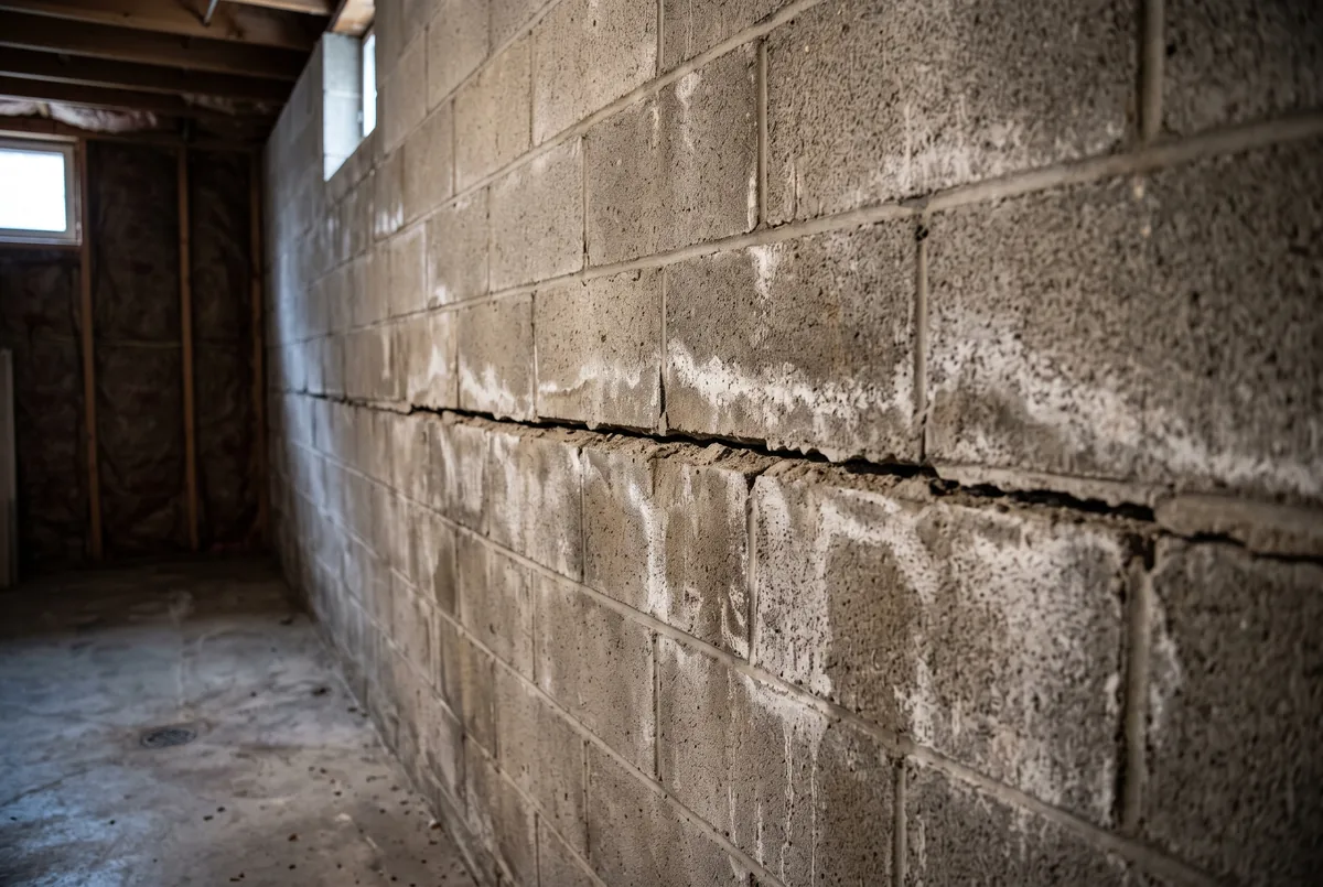 Horizontal crack across a concrete block basement wall with the wall bulging inward and efflorescence stains