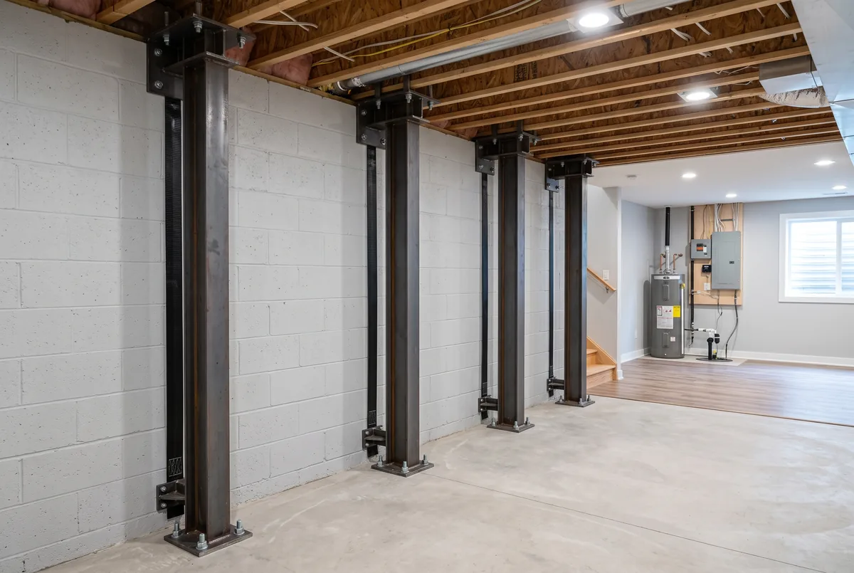 Steel and carbon fiber wall braces installed against a repaired basement foundation wall in Toronto