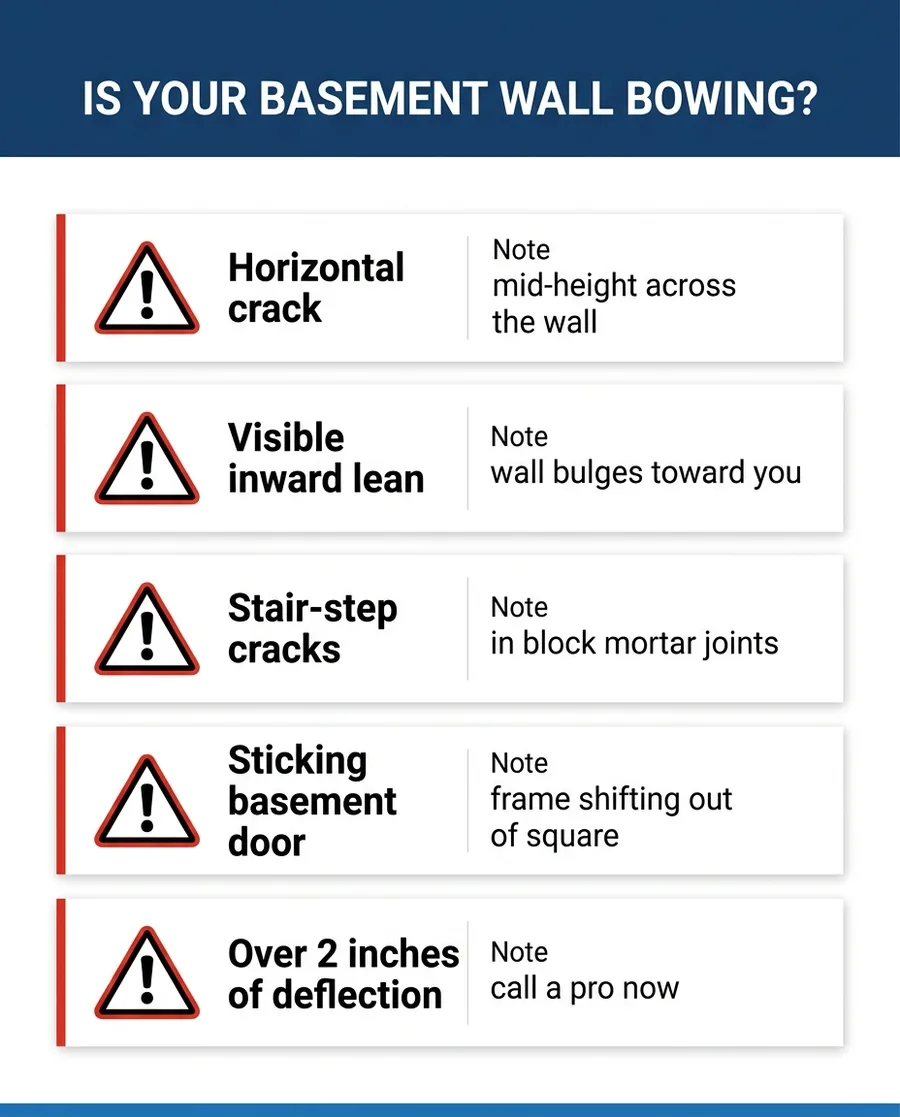Infographic listing five warning signs of a bowing basement wall including horizontal cracks and inward lean