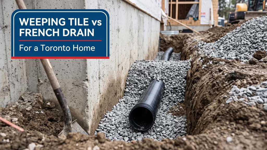 Weeping tile pipe in a gravel trench beside a Toronto foundation