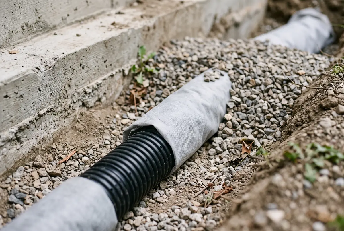 Close-up of black perforated weeping tile pipe in a gravel trench at the footing of a Toronto home foundation