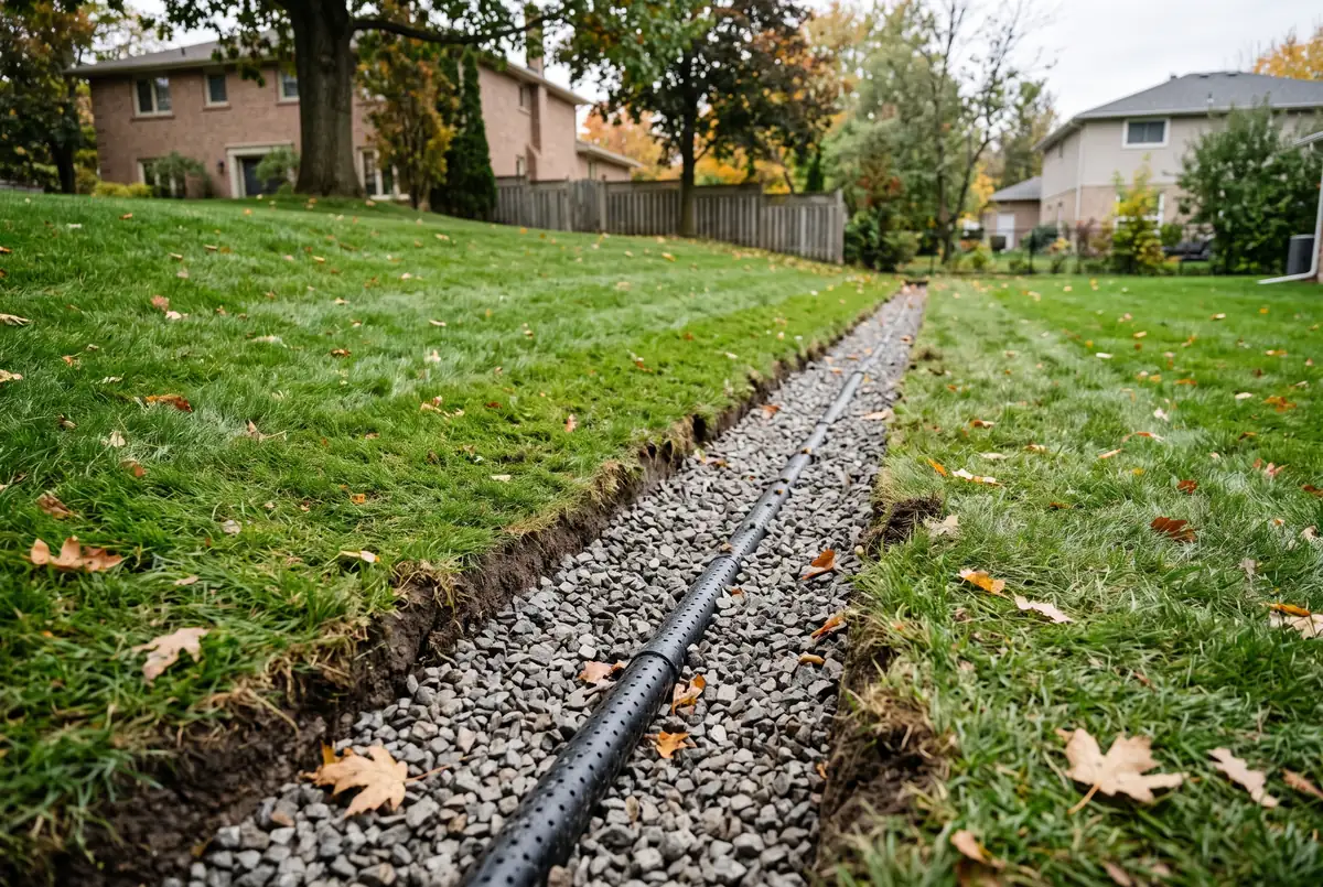 French drain trench with perforated pipe carrying surface water across a sloped Toronto backyard lawn