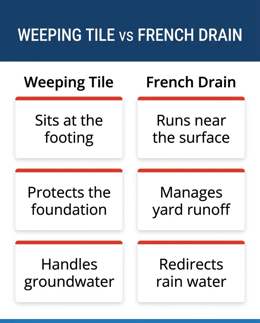 Comparison infographic showing weeping tile at the footing versus a French drain near the surface